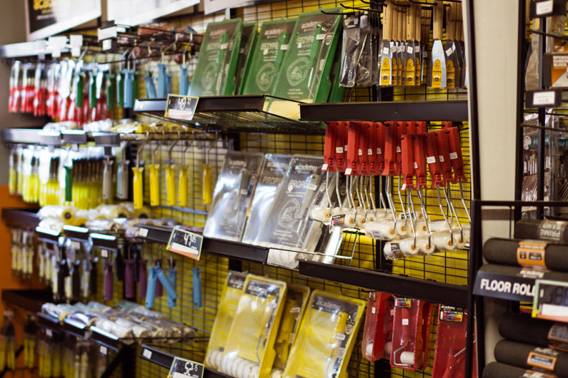 Mini Build paint rollers and brushes on shelf